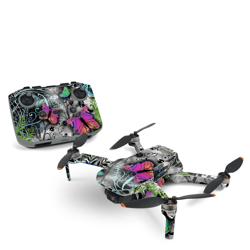 DJI Mini 2 Skin design of Butterfly, Pink, Purple, Violet, Organism, Spring, Moths and butterflies, Botany, Plant, Leaf, with black, gray, green, purple, red colors