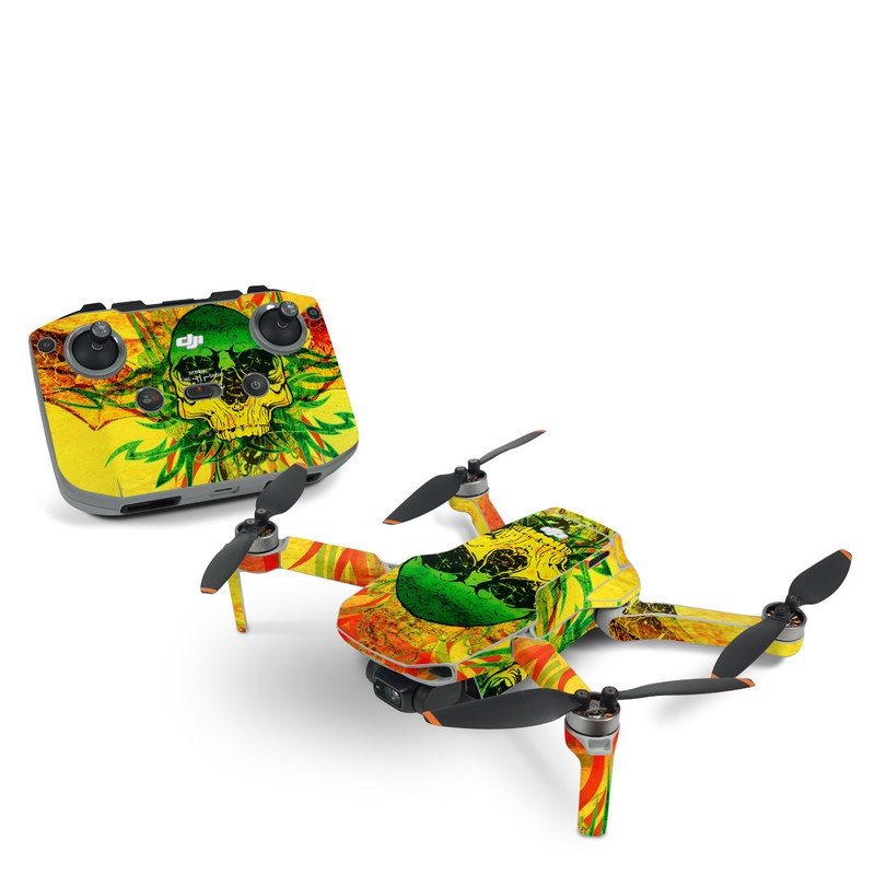 DJI Mini 2 Skin design of Psychedelic art, Skull, Illustration, Bone, Art, Graphic design, Visual arts, Poster, Plant, Painting, with green, orange, black, red colors