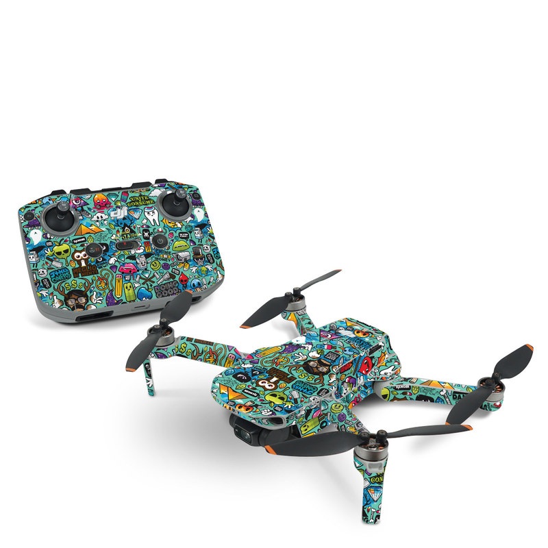 DJI Mini 2 Skin design of Cartoon, Art, Pattern, Design, Illustration, Visual arts, Doodle, Psychedelic art, with black, blue, gray, red, green colors