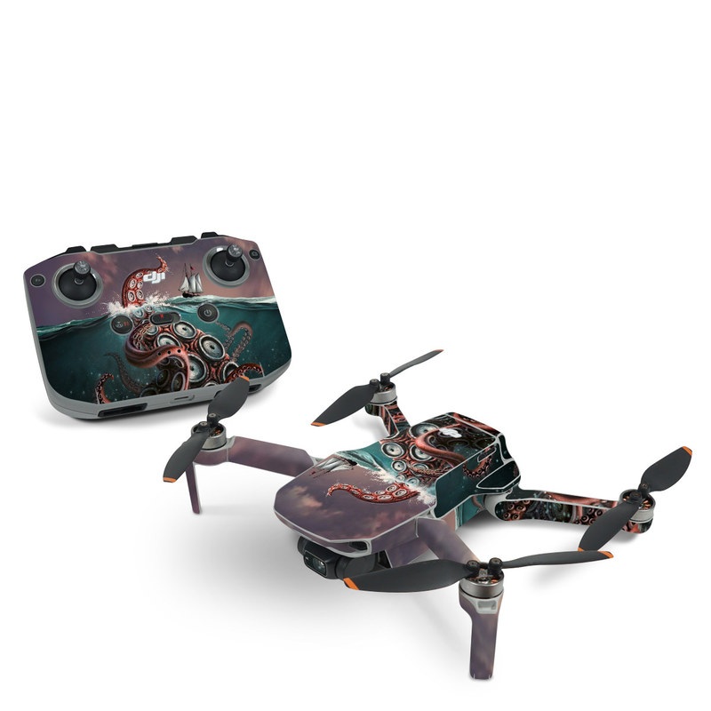 DJI Mini 2 Skin design of Octopus, Water, Illustration, Wind wave, Sky, Graphic design, Organism, Cephalopod, Cg artwork, giant pacific octopus, with blue, gray, white, brown, red colors