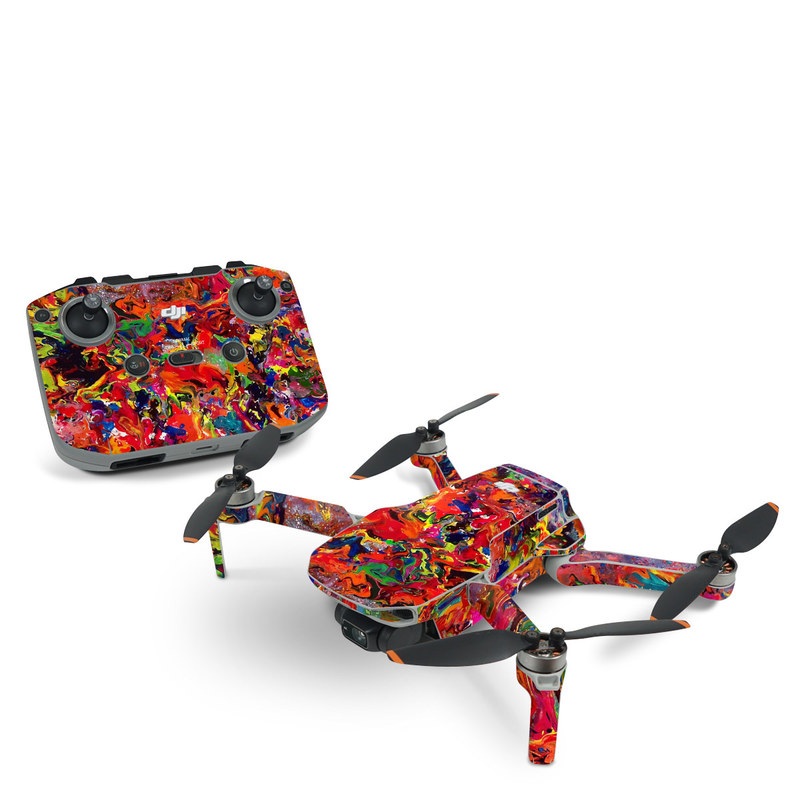DJI Mini 2 Skin design of Colorfulness, Modern art, Acrylic paint, Painting, Visual arts, Art, Psychedelic art, Textile, Pattern, Paint, with red, yellow, green, orange, yellow colors