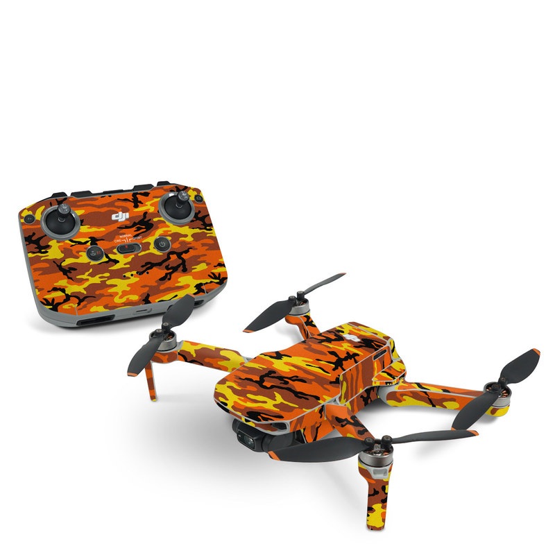 DJI Mini 2 Skin design of Military camouflage, Orange, Pattern, Camouflage, Yellow, Brown, Uniform, Design, Tree, Wildlife, with red, green, black colors