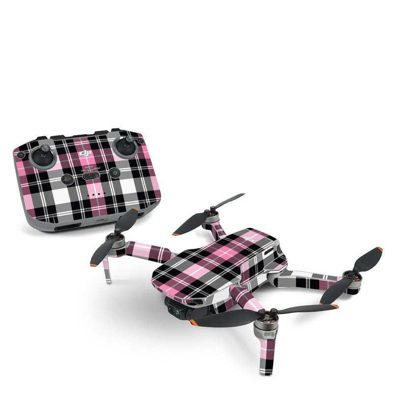 DJI Mini 2 Skin design of Plaid, Tartan, Pattern, Pink, Purple, Violet, Line, Textile, Magenta, Design, with black, gray, pink, red, white, purple colors
