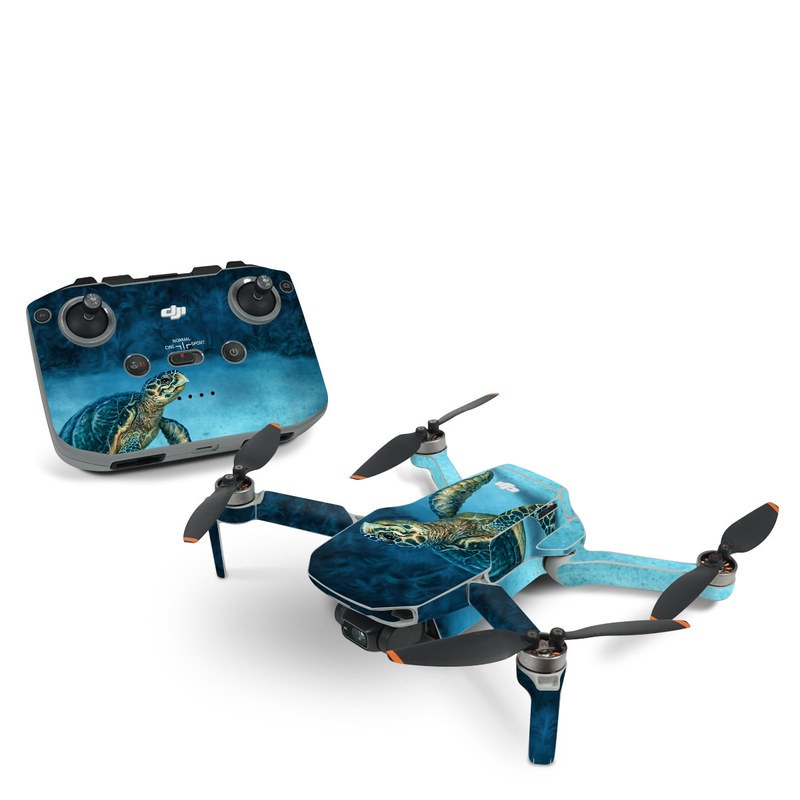 DJI Mini 2 Skin design of Water, Nature, Organism, Reptile, Turtle, Hawksbill sea turtle, Underwater, Wildlife, Sea turtle, Reef, with green, gray, blue, white colors
