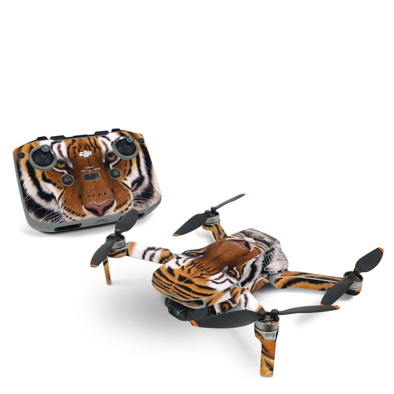 DJI Mini 2 Skin design of Tiger, Mammal, Wildlife, Terrestrial animal, Vertebrate, Bengal tiger, Whiskers, Siberian tiger, Felidae, Snout, with black, gray, red, green, pink colors
