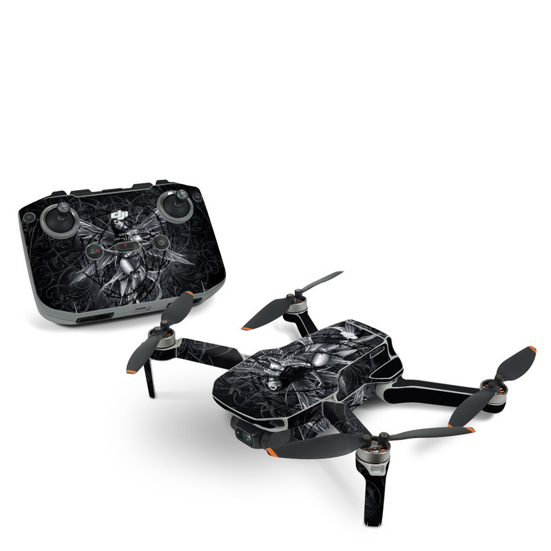 DJI Mini 2 Skin design of Illustration, Graphic design, Darkness, Fictional character, Black-and-white, Pattern, Graphics, Mythical creature, Circle, Wing, with black, white colors
