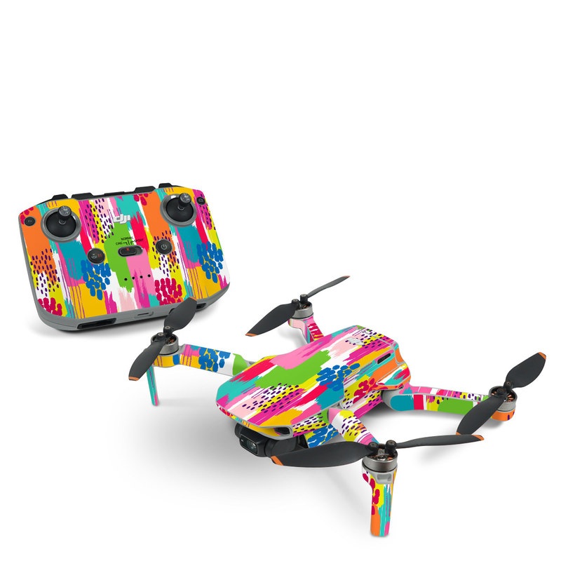 DJI Mini 2 Skin design of Colorfulness, Textile, Rectangle, Font, Line, Painting, Art, Magenta, Material property, Pattern, with white, pink, yellow, orange, blue, red colors