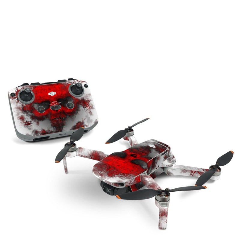DJI Mini 2 Skin design of Red, Graphic design, Skull, Illustration, Bone, Graphics, Art, Fictional character, with red, gray, black, white colors