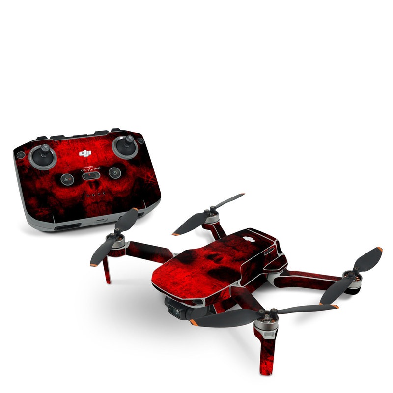 DJI Mini 2 Skin design of Red, Skull, Bone, Darkness, Mouth, Graphics, Pattern, Fiction, Art, Fractal art, with black, red colors