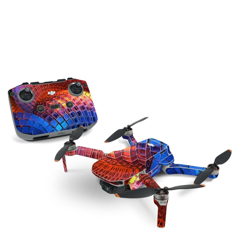 DJI Mini 2 Skin design of Blue, Red, Orange, Light, Pattern, Architecture, Design, Fractal art, Colorfulness, Psychedelic art, with black, red, blue, purple, gray colors