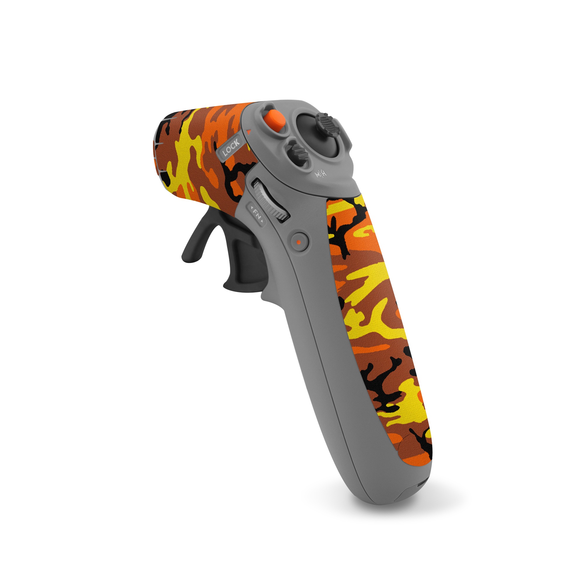 DJI RC Motion 2 Skin design of Military camouflage, Orange, Pattern, Camouflage, Yellow, Brown, Uniform, Design, Tree, Wildlife, with red, green, black colors