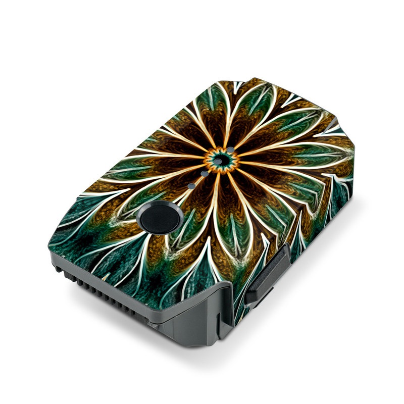DJI Mavic Pro Battery Skin design of Pattern, Symmetry, Textile, Art, Psychedelic art, Tapestry, Design, Visual arts, Kaleidoscope, Motif, with green, orange, yellow, brown, red colors