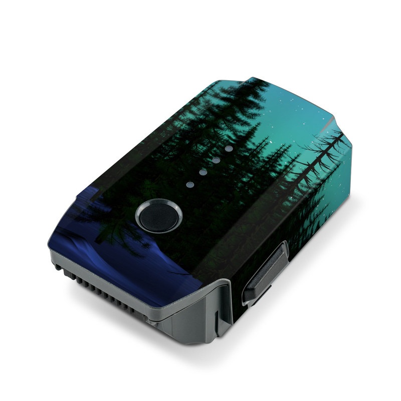 DJI Mavic Pro Battery Skin design of Aurora, Nature, Sky, shortleaf black spruce, Natural landscape, Tree, Wilderness, Natural environment, Biome, Spruce-fir forest, with blue, purple, green, black colors