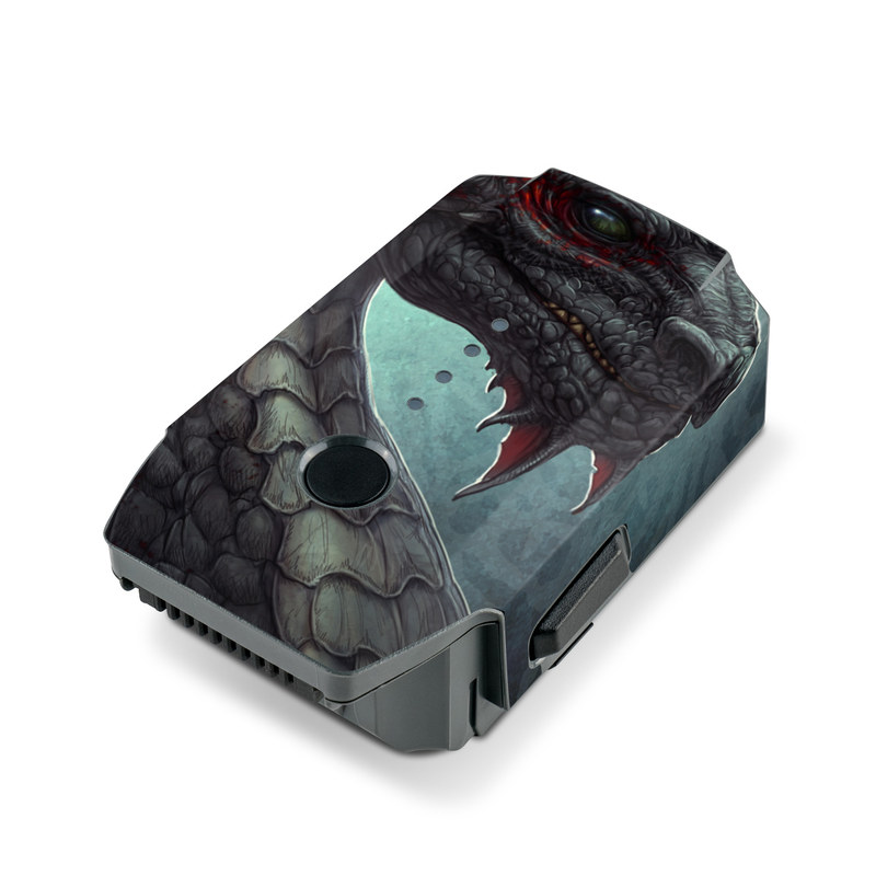DJI Mavic Pro Battery Skin design of Dragon, Fictional character, Mythical creature, Demon, Cg artwork, Illustration, Green dragon, Supernatural creature, Cryptid, with red, gray, blue colors