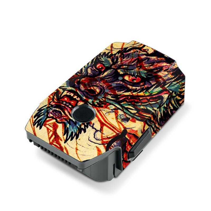 DJI Mavic Pro Battery Skin design of Illustration, Fictional character, Art, Demon, Drawing, Visual arts, Dragon, Supernatural creature, Mythical creature, Mythology, with black, green, red, gray, pink, orange colors