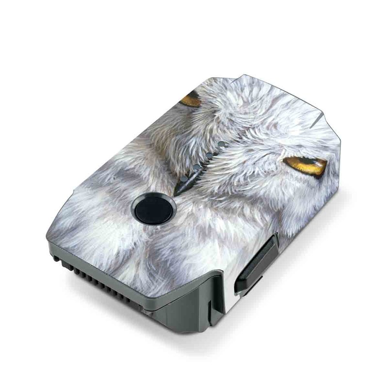DJI Mavic Pro Battery Skin design of Owl, Bird, Bird of prey, Snowy owl, great grey owl, Close-up, Eye, Snout, Wildlife, Eastern Screech owl, with gray, white, black, blue, purple colors