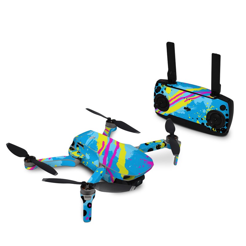 DJI Mini SE Skin design of Blue, Colorfulness, Graphic design, Pattern, Water, Line, Design, Graphics, Illustration, Visual arts, with blue, black, yellow, pink colors