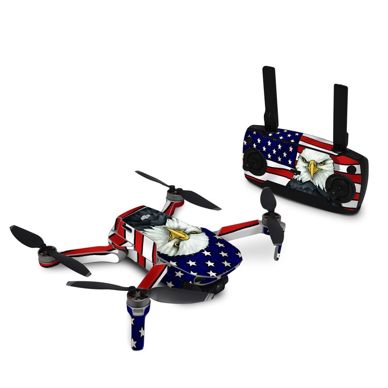 DJI Mini SE Skin design of Bald eagle, Eagle, Bird, Bird of prey, Accipitridae, Beak, Accipitriformes, Sea eagle, Flag, with white, gray, blue, yellow, red colors