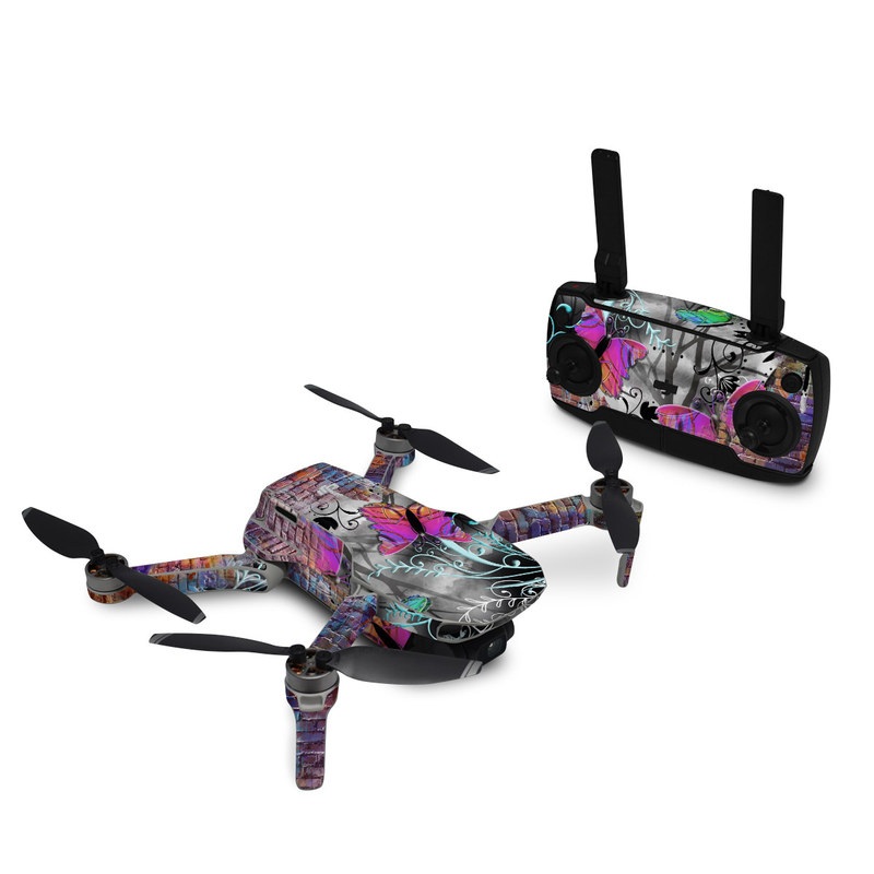 DJI Mini SE Skin design of Purple, Graphic design, Art, Pattern, Graffiti, Organism, Street art, Wall, Font, Illustration, with red, black, gray, purple, orange, blue, green colors