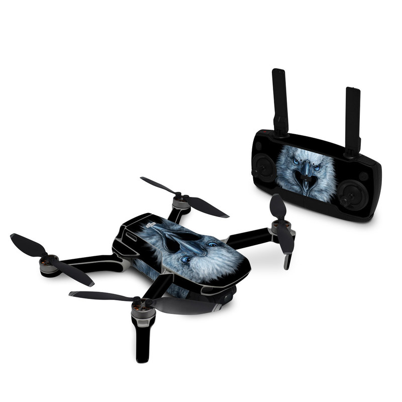 DJI Mini SE Skin design of Bird, Vertebrate, Bird of prey, Beak, Eagle, Wildlife, Organ, Close-up, Eye, Accipitriformes, with white, gray, black, blue colors
