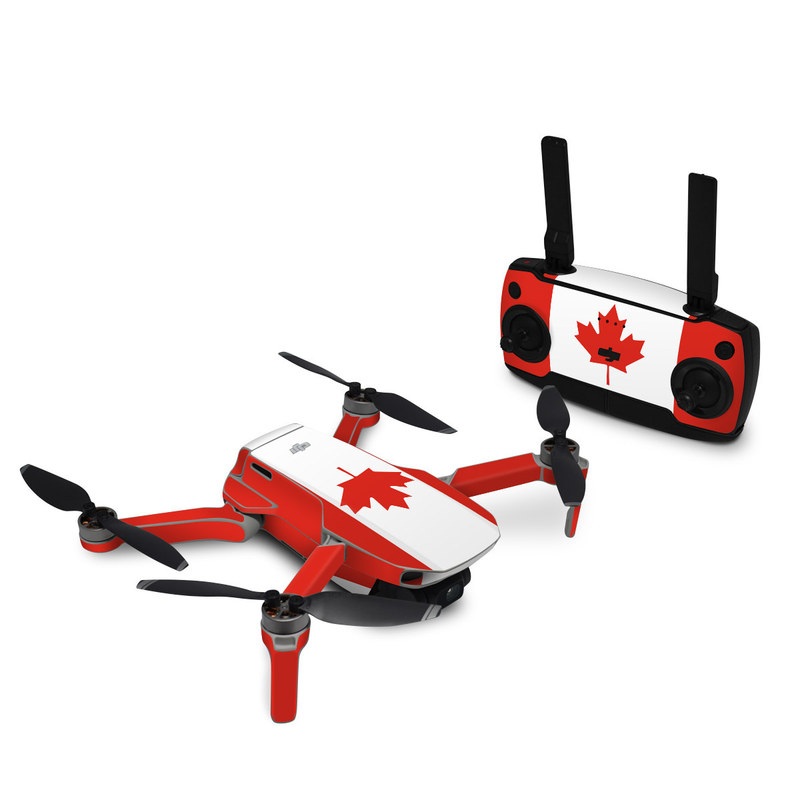 DJI Mini SE Skin design of Red, Maple leaf, Tree, Leaf, Woody plant, Flag, Plant, Plane, Red flag, Maple, with red, white colors