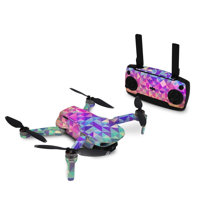 DJI Mini SE Skin design of Pattern, Purple, Triangle, Violet, Magenta, Line, Design, Symmetry, Psychedelic art, with gray, purple, green, blue, pink colors
