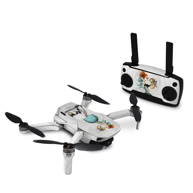 DJI Mini SE Skin design of Illustration, Cartoon, Drawing, Art, Costume design, Fictional character, Fashion illustration, Sketch, with gray, black, white, blue, gray, yellow, brown colors