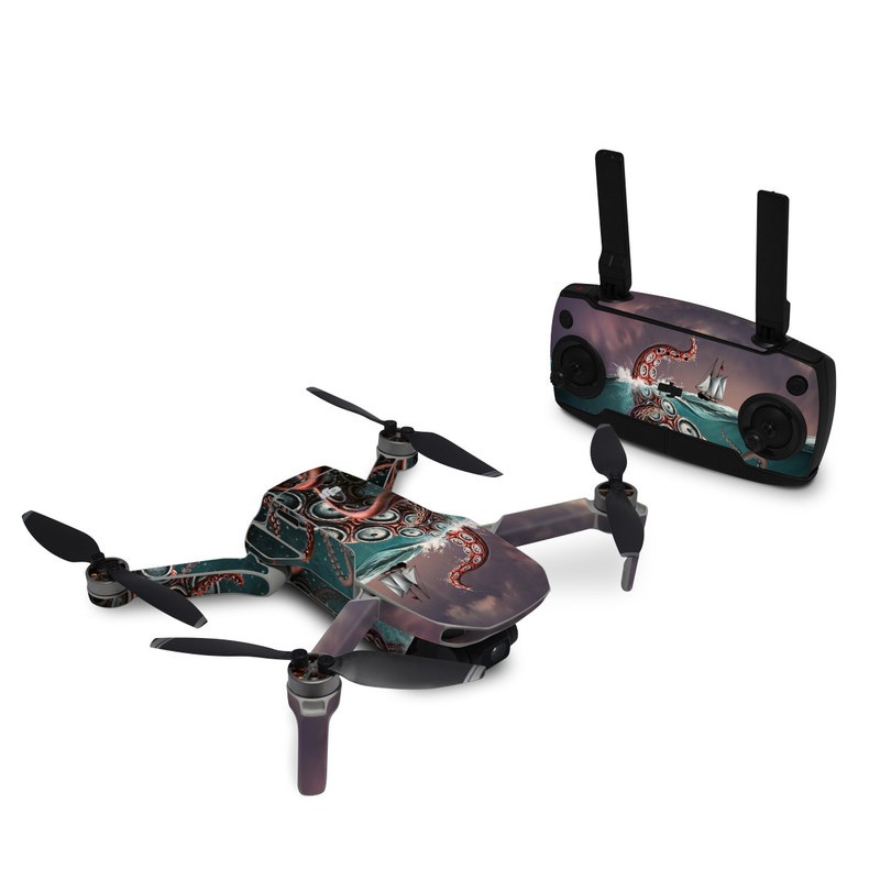 DJI Mini SE Skin design of Octopus, Water, Illustration, Wind wave, Sky, Graphic design, Organism, Cephalopod, Cg artwork, giant pacific octopus, with blue, gray, white, brown, red colors