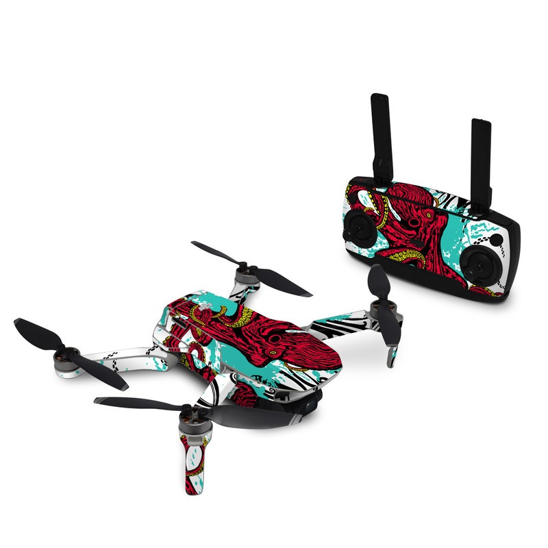 DJI Mini SE Skin design of Graphic design, Illustration, Visual arts, Octopus, Design, Art, Fictional character, Pattern, Clip art, Line art, with black, white, gray, red, blue, green colors