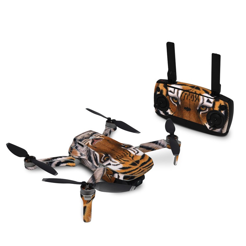 DJI Mini SE Skin design of Tiger, Mammal, Wildlife, Terrestrial animal, Vertebrate, Bengal tiger, Whiskers, Siberian tiger, Felidae, Snout, with black, gray, red, green, pink colors