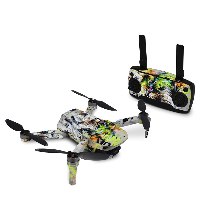 DJI Mini SE Skin design of Watercolor paint, Graphic design, Illustration, Acrylic paint, Art, Modern art, Painting, Visual arts, Paint, Graphics, with gray, black, green, red, blue colors