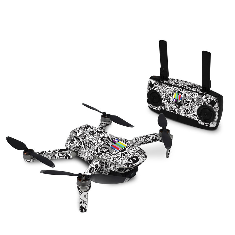DJI Mini SE Skin design of Pattern, Drawing, Doodle, Design, Visual arts, Font, Black-and-white, Monochrome, Illustration, Art, with gray, black, white colors