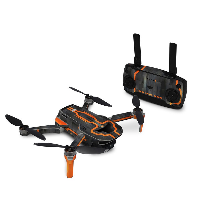 DJI Mini SE Skin design of Orange, Font, Parallel, Pattern, Graphics, Rectangle, Logo, Brand, Graphic design, Event, with black, orange colors