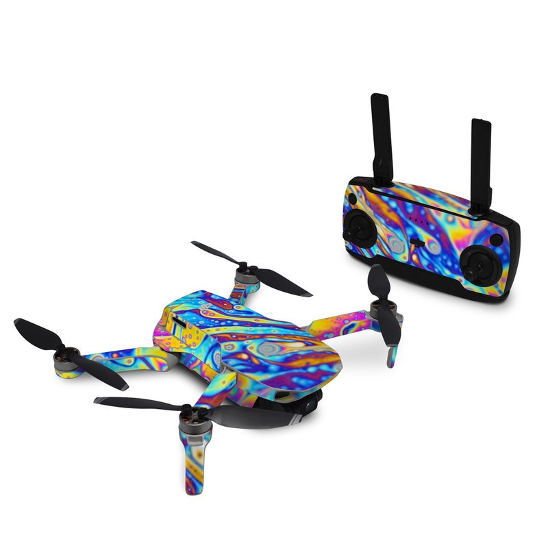 DJI Mini SE Skin design of Psychedelic art, Blue, Pattern, Art, Visual arts, Water, Organism, Colorfulness, Design, Textile, with gray, blue, orange, purple, green colors