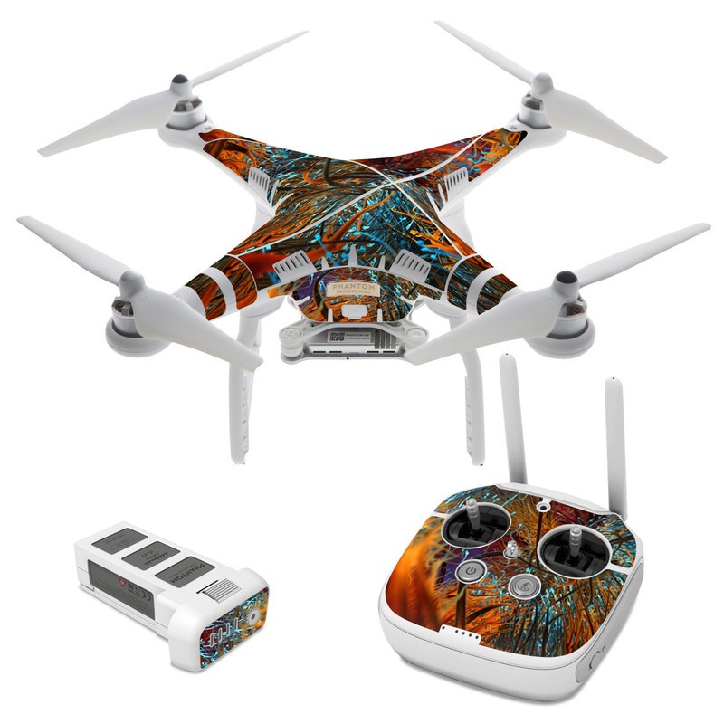 DJI Phantom 3 Skin design of Orange, Tree, Electric blue, Organism, Fractal art, Plant, Art, Graphics, Space, Psychedelic art, with orange, blue, red, yellow, purple colors