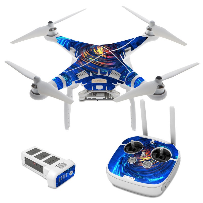 DJI Phantom 3 Skin design of Blue, Water, Circle, Vortex, Electric blue, Wave, Liquid, Graphics, Pattern, Colorfulness, with blue, orange, yellow colors