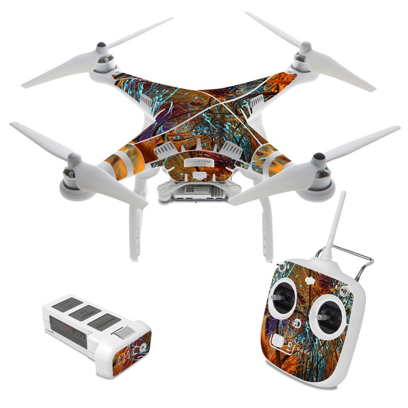 DJI Phantom 3 Standard Skin design of Orange, Tree, Electric blue, Organism, Fractal art, Plant, Art, Graphics, Space, Psychedelic art, with orange, blue, red, yellow, purple colors