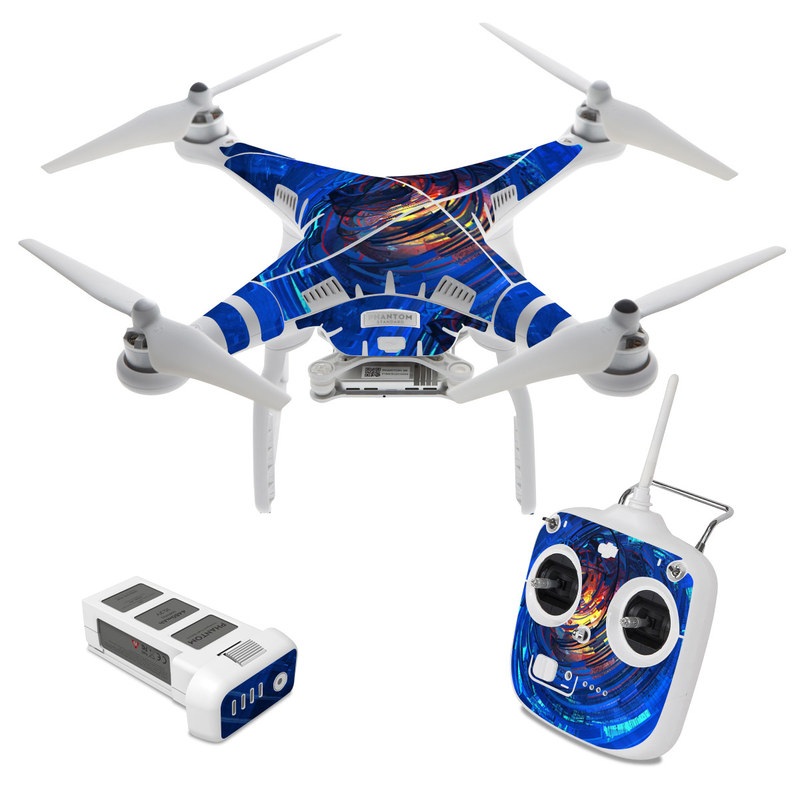 DJI Phantom 3 Standard Skin design of Blue, Water, Circle, Vortex, Electric blue, Wave, Liquid, Graphics, Pattern, Colorfulness, with blue, orange, yellow colors