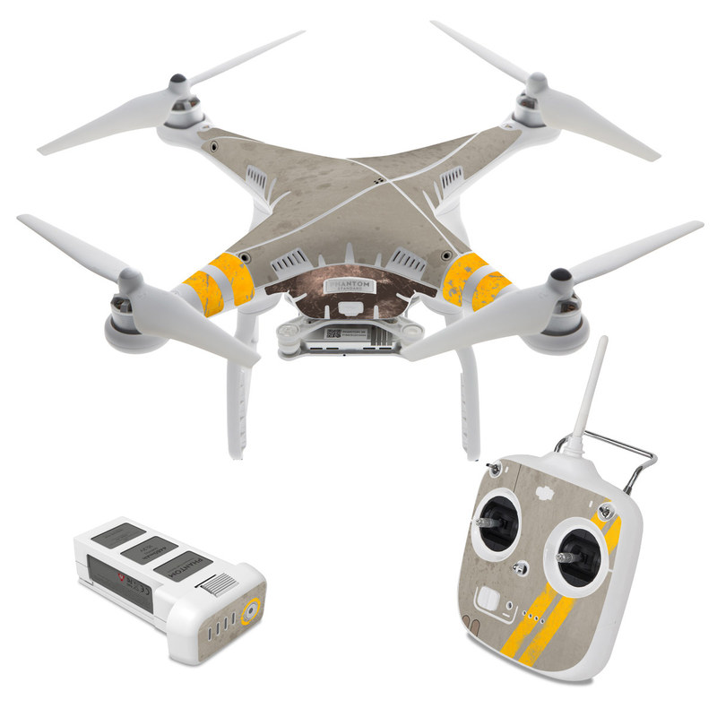 DJI Phantom 3 Standard Skin design of Yellow, Wall, Line, Orange, Design, Concrete, Font, Architecture, Parallel, Wood with gray, yellow, red, black colors
