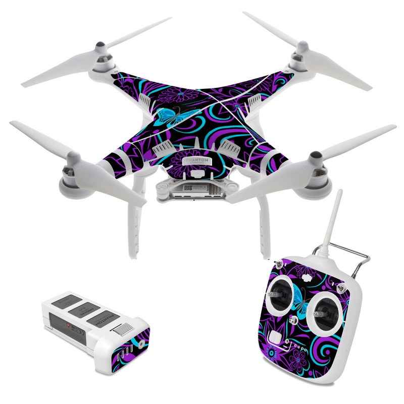 DJI Phantom 3 Standard Skin design of Pattern, Purple, Violet, Turquoise, Teal, Design, Floral design, Visual arts, Magenta, Motif, with black, purple, blue colors