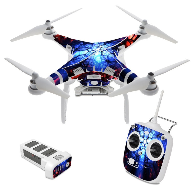 DJI Phantom 3 Standard Skin design of Blue, Fractal art, Red, Light, Pattern, Lighting, Art, Kaleidoscope, Design, Psychedelic art, with black, blue, red colors