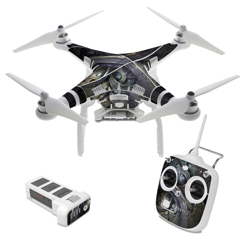 DJI Phantom 3 Standard Skin design of Fractal art, Graphic design, Art, Cg artwork, Darkness, Circle, Pattern, Illustration, Graphics, Metal, with black, gray, blue colors