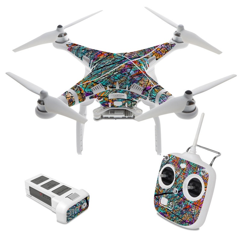 DJI Phantom 3 Standard Skin design of Pattern, Colorfulness, Line, Branch, Tree, Leaf, Design, Visual arts, Glass, Plant, with black, gray, red, blue, green colors