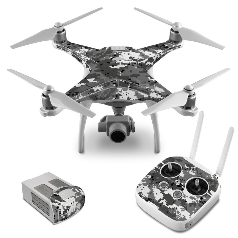 DJI Phantom 4 Skin design of Military camouflage, Pattern, Camouflage, Design, Uniform, Metal, Black-and-white, with black, gray colors