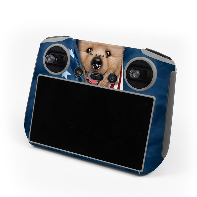DJI RC Controller Skin design of Dog, Canidae, Mammal, Dog breed, Carnivore, Puppy, Snout, Companion dog, Sporting Group, Pomeranian, with yellow, black, brown, white, blue, red colors