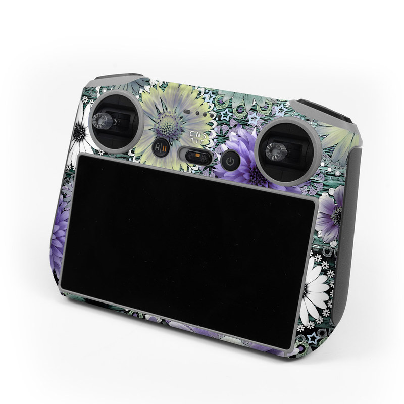 DJI RC Controller Skin design of Purple, Flower, african daisy, Pericallis, Plant, Violet, Lavender, Botany, Petal, Pattern, with gray, black, blue, purple, white colors