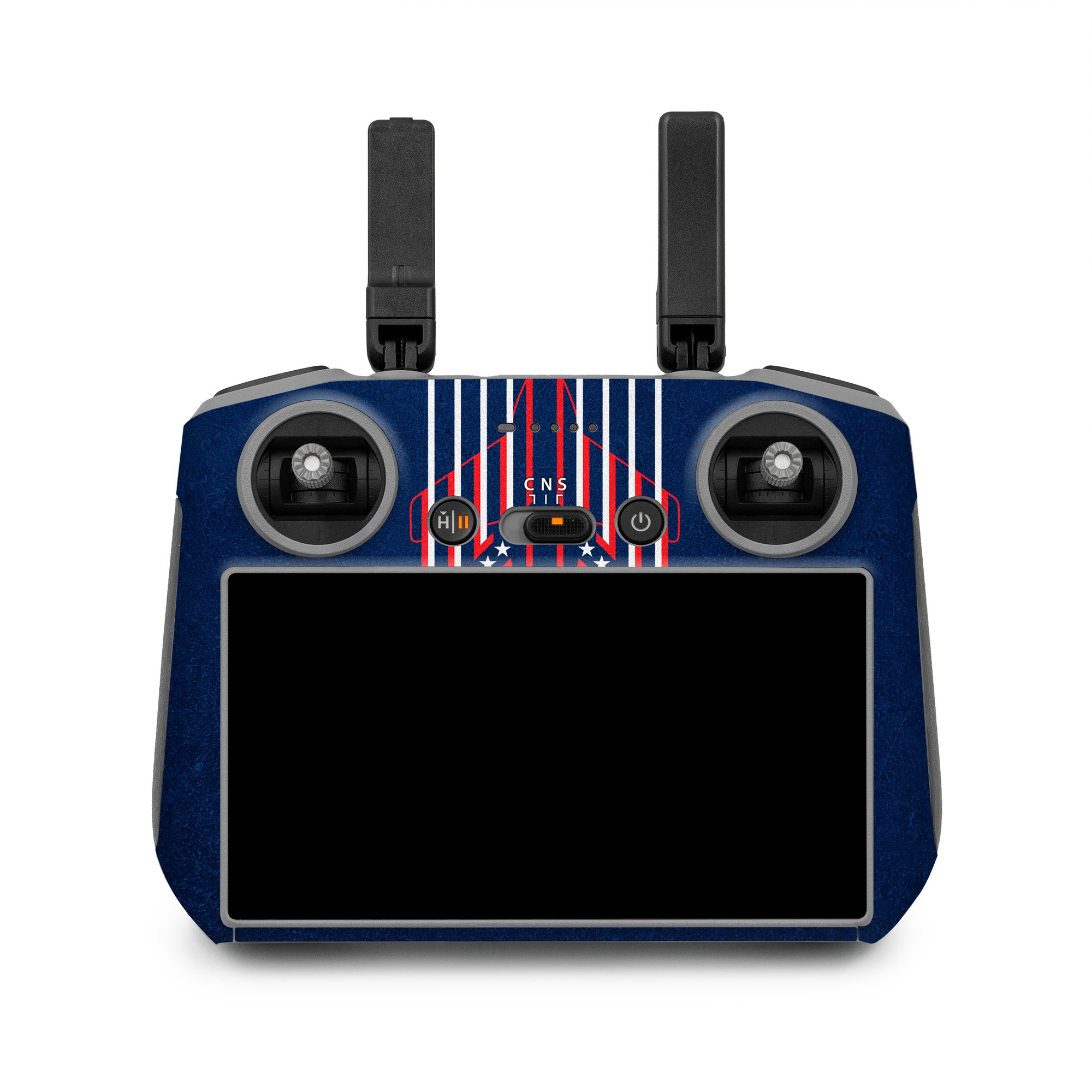 DJI RC 2 Skin design of Sleeve, Font, Motor vehicle, T-shirt, Emblem, Poster, Electric blue, Symmetry, Symbol, Pattern, with blue, red, white colors