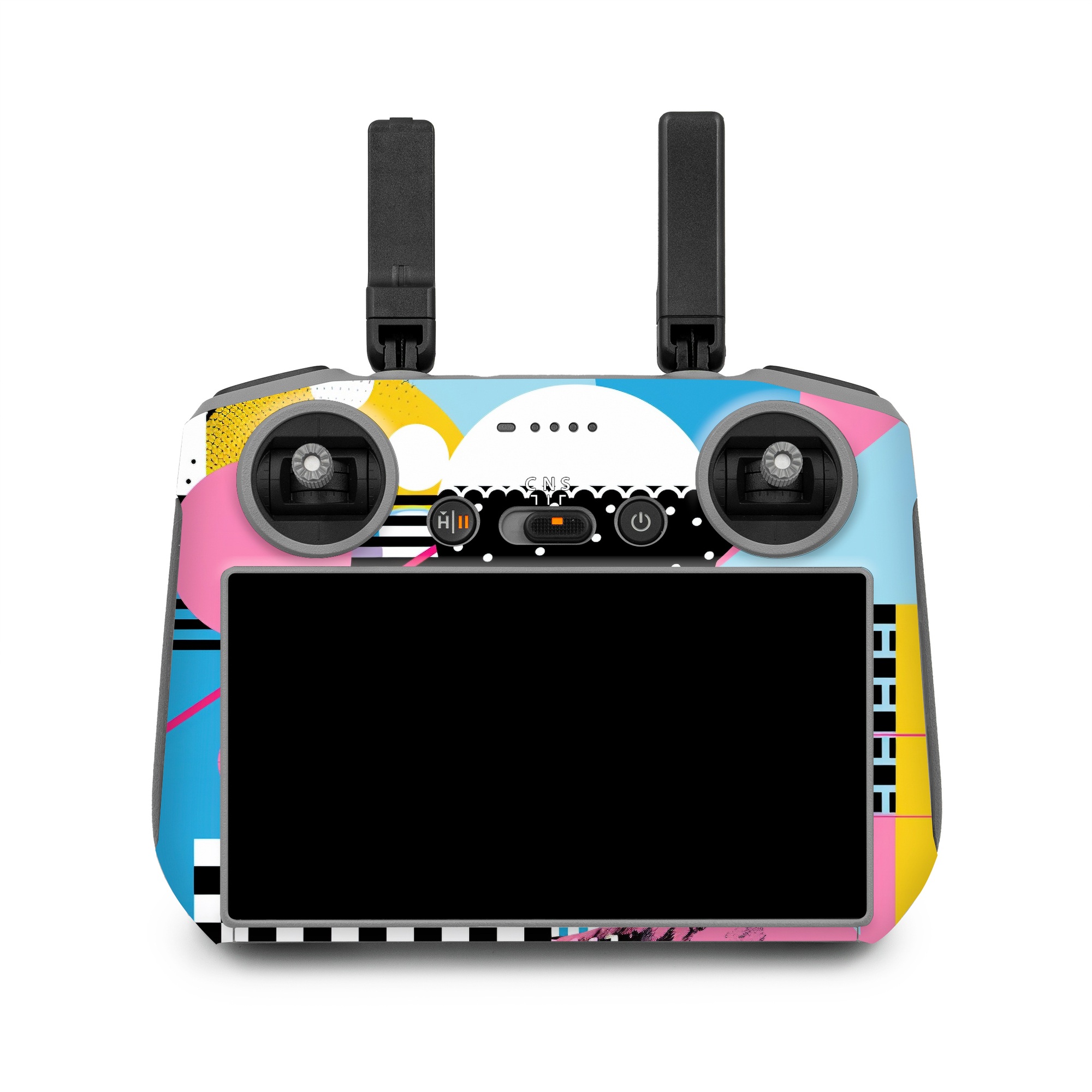 DJI RC 2 Skin design of White, Yellow, Art, Font, Pattern, Circle, Design, Creative arts, Graphics, Electric blue, with blue, pink, white, black, yellow colors