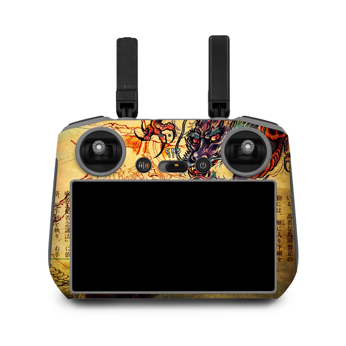 DJI RC 2 Skin design of Illustration, Fictional character, Art, Demon, Drawing, Visual arts, Dragon, Supernatural creature, Mythical creature, Mythology, with black, green, red, gray, pink, orange colors