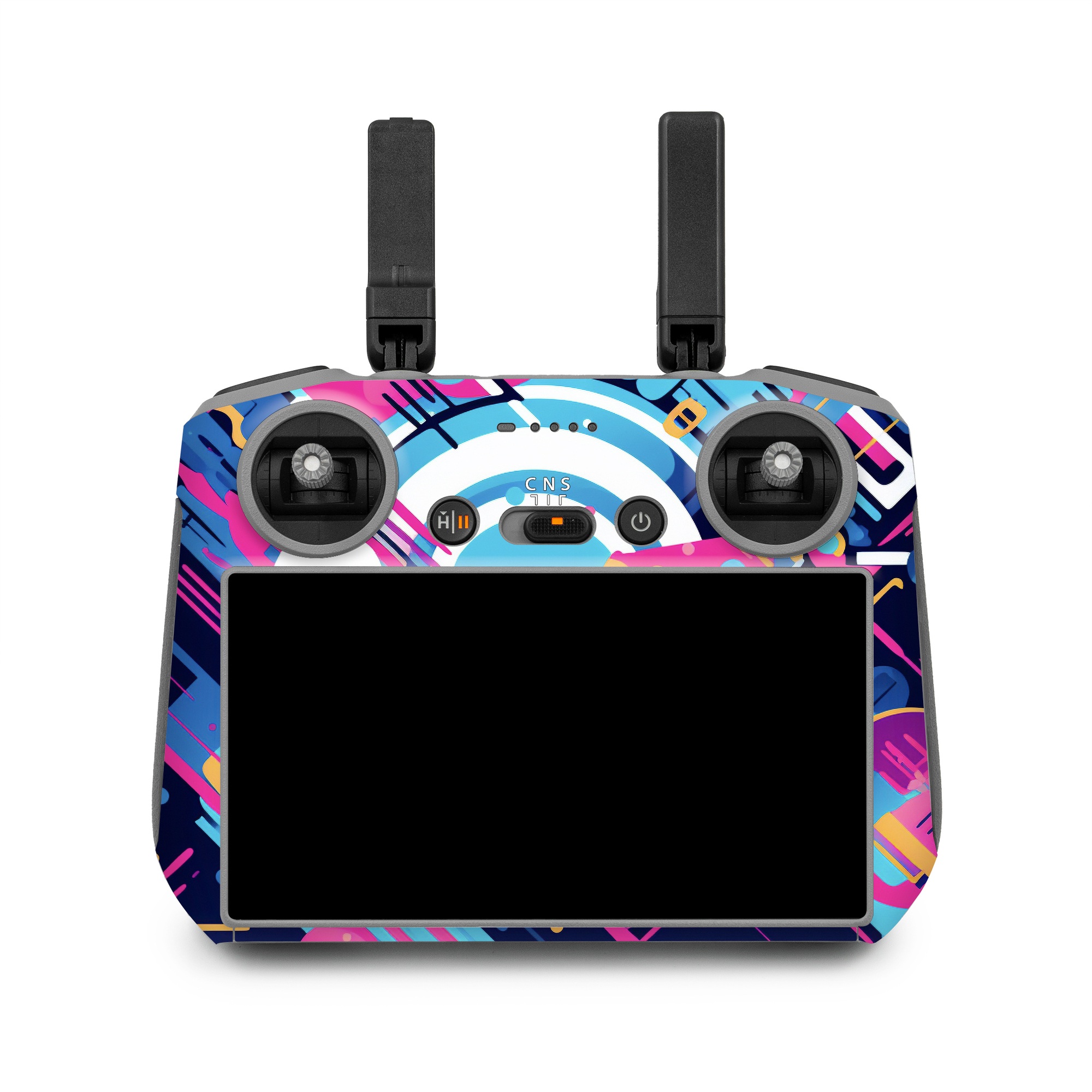 DJI RC 2 Skin design of Colorfulness, Font, Line, Material property, Art, Magenta, Pattern, Electric blue, Circle, Graphics, with blue, pink, black, white, orange colors